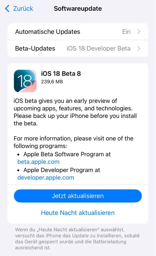 镇沅苹果手机维修分享苹果 iOS / iPadOS 18 开发者预览版 Beta 8 发布 